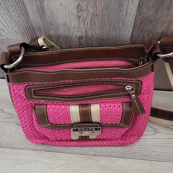 Chaps‎ Pink Brown Woven Faux Leather Multi Pocket Crossbody Bag - Picture 8 of 16